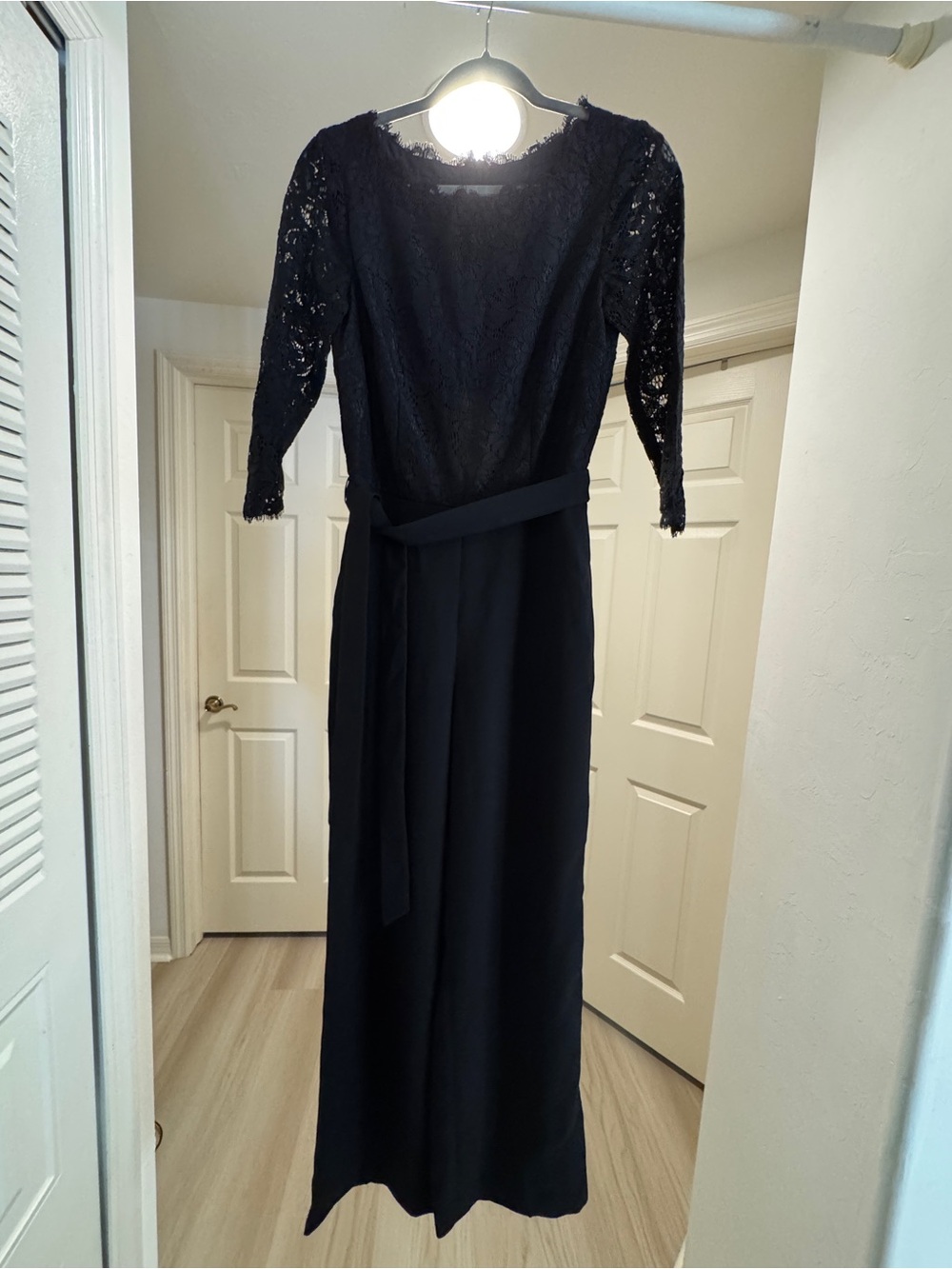 Ann Taylor Black Lace Jumpsuit boat neck 3/4 sleeve belted belt Size 2 like new